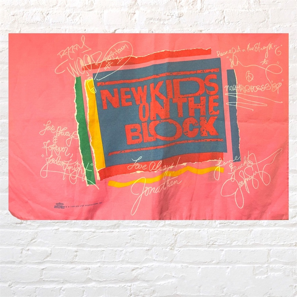 Vintage New Kids on the Block (NKOTB) pillowcase - pink with printed signatures